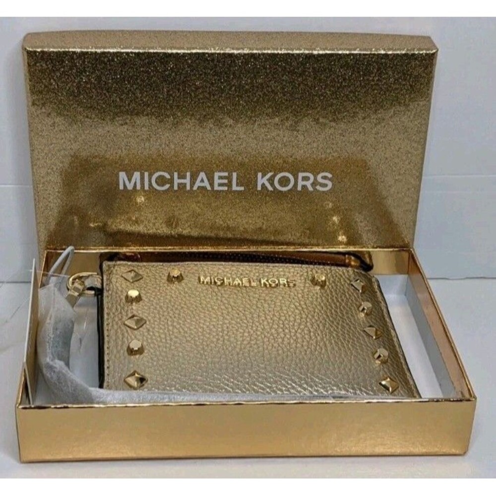 NWT Michael Kors Jet Set Small Coin Purse Pouch Brown Signature Gold Studs